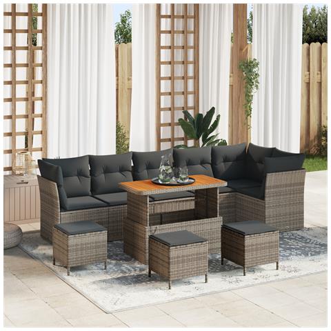 Set Divano da Giardino da 10 Pezzi con Cuscini Grigio Rattan Sintetico Acacia,  Set Da Pranzo da Giardino da 4 Pezzi con Cuscini Grigio Rattan Sintetico Acacia - Foto 2