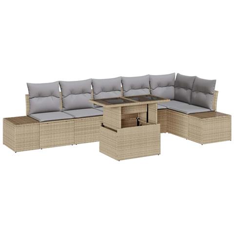 Set divano giardino 7 pezzi con cuscini beige rattan poliestere - Foto 1
