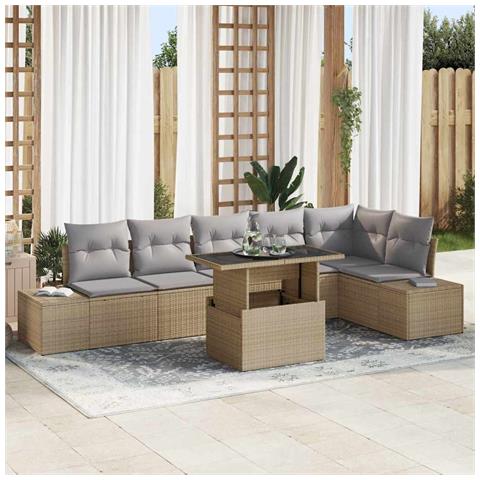 Set divano giardino 7 pezzi con cuscini beige rattan poliestere - Foto 2