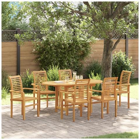 Set da Pranzo da Giardino  in Legno Massello Teak a 7 Pezzi, Sedia da Giardino impilabile  2 pcs in Legno Massello Teak, Sedia da Giardino impilabile  4 pcs in Legno Massello Teak - Foto 2