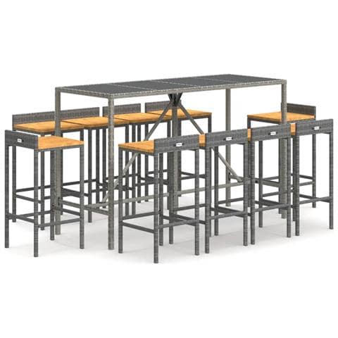 Set Bar Giardino 11pz Grigio Polyrattan e Legno Massello Acacia - Foto 1