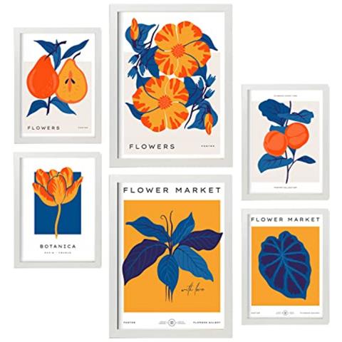 Set Di 6 Stampe Fiori Arancioni Giungla Natura E Stampe Botaniche Per L'interior Design A3 & A4 Cornice Bianca - Foto 1