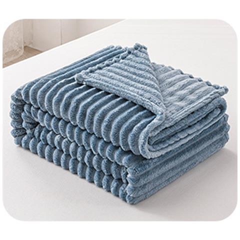 Coperta In Pile Di Flanella Blu Fumo A Coste Da 3 Cm - 180x200 Cm Con Cartoncino A Nastro - Foto 1