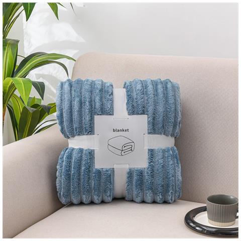 Coperta In Pile Di Flanella Blu Fumo A Coste Da 3 Cm - 180x200 Cm Con Cartoncino A Nastro - Foto 2