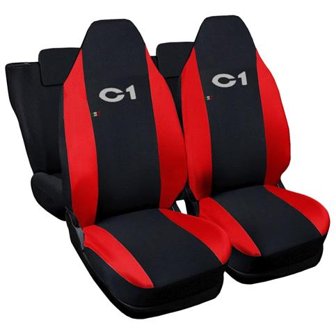 Coprisedili Auto Compatibili Per C1, Made In Italy, Set Di Copri Sedili Anteriori E Posteriori Con Copri Poggiatesta Incluso, Tessuto Poliestere, Colore - Nero \rosso - Foto 1