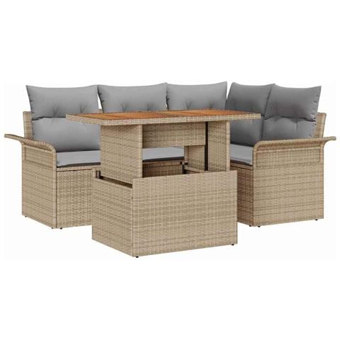 Set da Pranzo da Giardino da 5 Pezzi con Cuscini Beige Rattan Acacia - Foto 1