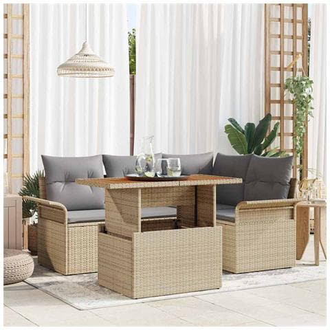 Set da Pranzo da Giardino da 5 Pezzi con Cuscini Beige Rattan Acacia - Foto 2