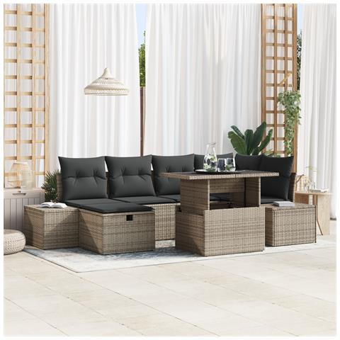 Set di Divani da Giardino Sette Pezzi con Cuscini Grigio Polyrattan - Foto 2