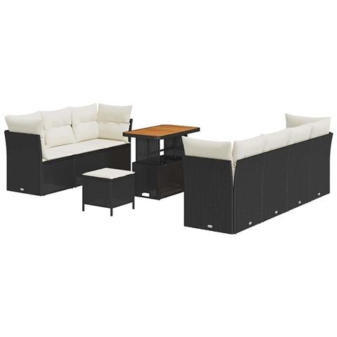 Set divano da giardino da 10 pezzi con cuscini in polyrattan nero acacia, Set da pranzo da giardino da 3 pezzi con cuscini in polyrattan nero acacia - Foto 1