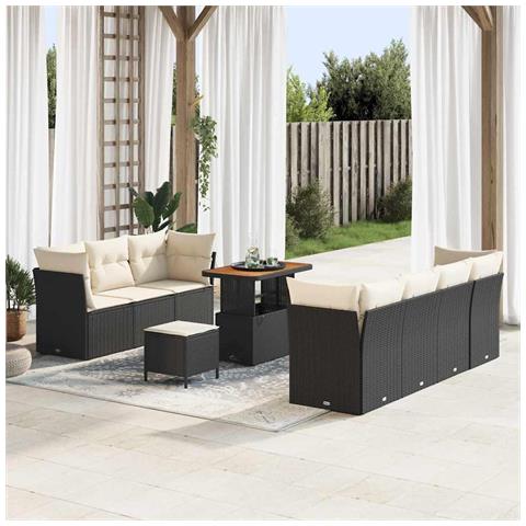 Set divano da giardino da 10 pezzi con cuscini in polyrattan nero acacia, Set da pranzo da giardino da 3 pezzi con cuscini in polyrattan nero acacia - Foto 2