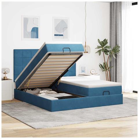 Pouf Letto con Materassi e LED Blu Scuro 200x200cm Velluto - Foto 2