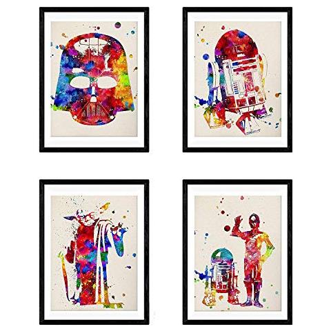 Set Di 4 Stampe Artistiche In Acquarello Tema Guerre Stellari Film Star Wars Da Decorazioni Domestiche Camerette Bamibini E Ragazzi Senza Cornice A4 - Foto 1