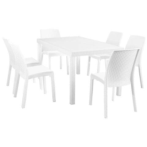 Set Tavolo Da Giardino Rettangolare Fisso Cm 150 X 90 Con 6 Sedie In Wicker Stampato Bianco Da Esterno Giardino - Foto 1