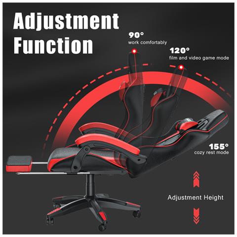 Sedia Da Gaming Con Poggiapiedi, Ergonomica, Per Gamer, Con Cuscino Lombare E Poggiatesta, Regolabile In Altezza, Sedia Per Computer, Per Ufficio, Per Adulti, Ragazze E Ragazzi - Red - Foto 2