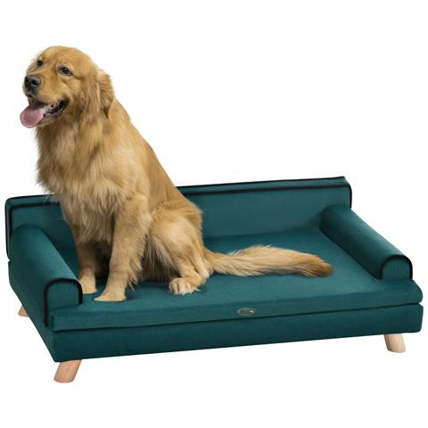 Divano per Cani Grandi con Imbottitura, Rivestimento Morbido e Lavabile, Gambe in Legno, Verde - Foto 1