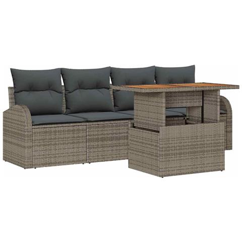 Set da Pranzo da Giardino da 5 Pezzi con Cuscini Grigio Poly Rattan Acacia - Foto 1
