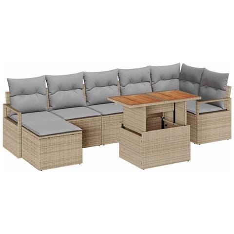Set Divano da Giardino 8 Pezzi con Cuscini Beige in Rattan Poliestere Acacia, Divano da Giardino 2 Posti con Cuscini Beige in Rattan Poliestere - Foto 1