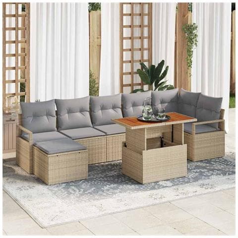 Set Divano da Giardino 8 Pezzi con Cuscini Beige in Rattan Poliestere Acacia, Divano da Giardino 2 Posti con Cuscini Beige in Rattan Poliestere - Foto 2