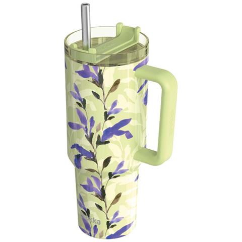 Bicchiere Termico 1200 Ml Con Cannuccia Con Decorazione Floreale Matcha, Verde - Foto 1