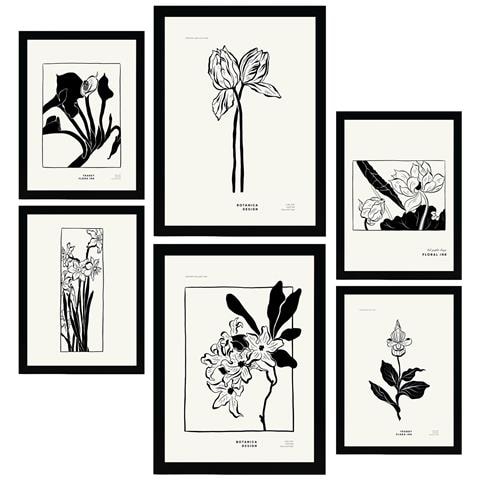 Set Di 6 Stampe Stampe Artistiche In Stile Schizzo Di Iris Con Inchiostro Nero Per L'interior Design A3 & A4 Senza Cornice - Foto 1