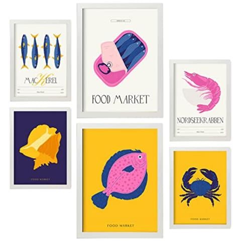 Set Di 6 Stampe Cibo E Nutrizione Frutti Di Mare Natura E Stampe Botaniche Per L'interior Design A3 & A4 Cornice Bianca - Foto 1