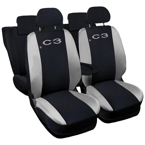 Coprisedili Auto Compatibili Per C3, Made In Italy, Set Di Copri Sedili Anteriori E Posteriori Con Copri Poggiatesta Incluso, Tessuto Poliestere, Colore - Nero \grigio Chiaro - Foto 1