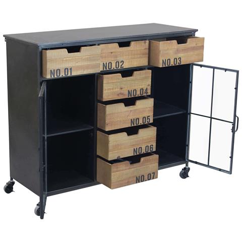 Mobile Credenza Madia Da Interno In Acciaio E Legno Con Ruote E 7 Cassetti Dark - Foto 2