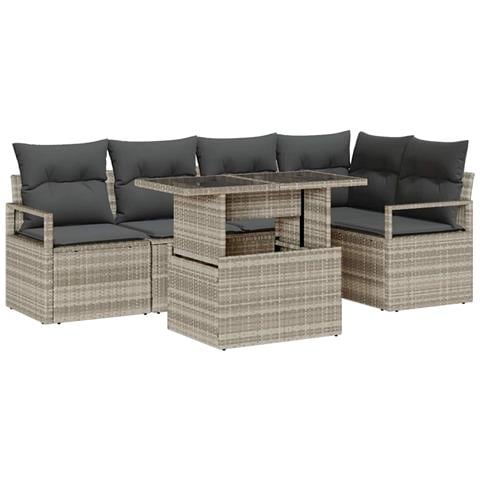 Set di Divani da Giardino  da 6 Pezzi con Cuscini in Rattan Polimerico Grigio Chiaro, Divano da Giardino a 2 Posti  con Ripostiglio e Cuscini in Rattan Polimerico Grigio - Foto 1