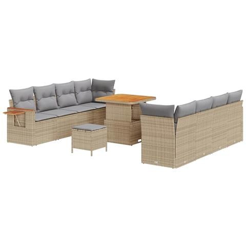 Set di divani da giardino vitaXL 11 pezzi con cuscini beige polirattan acacia, Set da pranzo da giardino vitaXL 3 pezzi con cuscini beige polirattan acacia - Foto 1