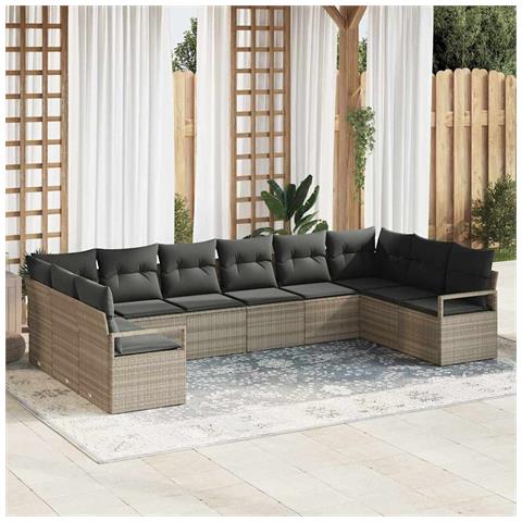 Set Divano da Giardino  da 10 Pezzi con Cuscini Grigio Chiaro in Rattan Polietilene, Set Divano da Giardino per 2 Persone con Rimessaggio e Cuscini Grigio in Rattan Polietilene - Foto 2