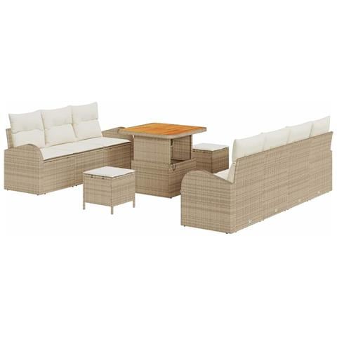 Set Divano da Giardino da 10 Pezzi con Cuscini in Rattan Beige,  Divano da Giardino a 2 posti con Ripostiglio e Cuscini in Rattan Beige,  Set da Pranzo da Giardino da 3 Pezzi con Cuscini in Rattan Beige - Foto 1
