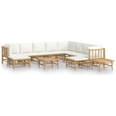 Set Salotto da Giardino 12pz con Cuscini Bianco Crema in Bambù - Foto 1