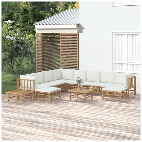 Set Salotto da Giardino 12pz con Cuscini Bianco Crema in Bambù - Foto 2