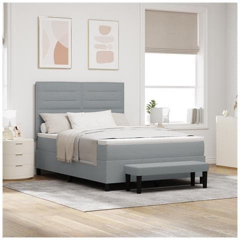 Letto con Molla con Materasso e Panchina Grigio Chiaro 140x190 cm Tessuto - Foto 2