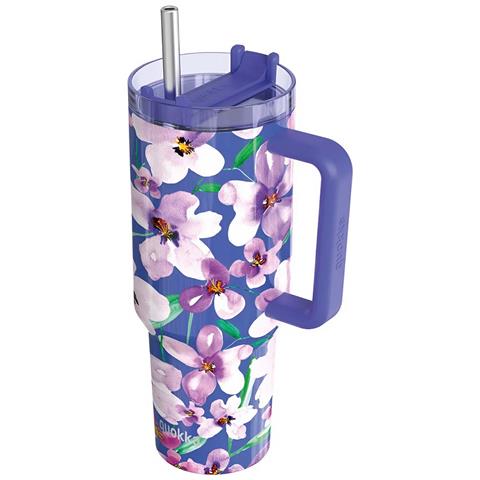Bicchiere Termico 1200 Ml Con Cannuccia Con Motivo Floreale, Viola - Foto 1