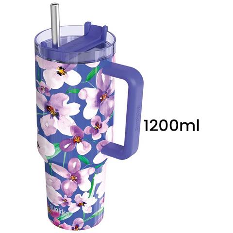 Bicchiere Termico 1200 Ml Con Cannuccia Con Motivo Floreale, Viola - Foto 5