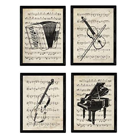 Set Di 4 Stampe Sfondo Con Pentagramma Musicale Raffigurazione In Primo Piano Di Strumenti Musicali Pianoforte Violino Violoncello Cornice Nera A4 - Foto 1