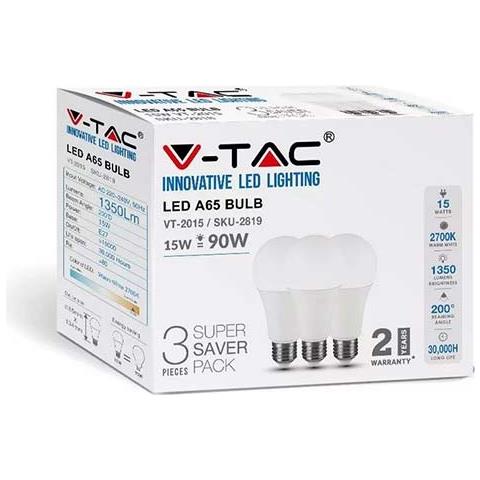 V-tac Vt-2015 Kit Super Saver Pack 3pcs / pack Lampadine Bulbo Led Smd A65 15w E27 Bianco Caldo 2700k - Sku 2819 - Foto 1