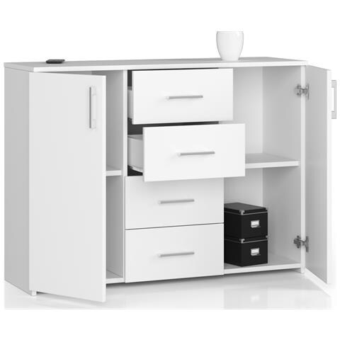 Cassettiera K45, 4 cassetti e 2 ante, 110x35x80 cm, Colore Bianco - Foto 2