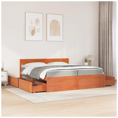 Letto Cassetti E Materasso Marrone Cera 200x200cm Massello Pino - Foto 3