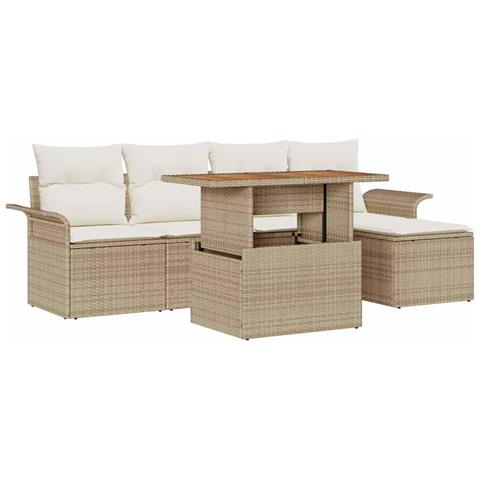 Set da pranzo da giardino da 6 pezzi con cuscini Beige Polyrattan Acacia - Foto 1