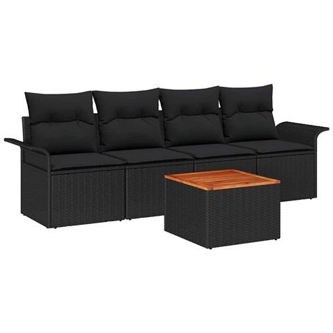 Set di divani da giardino a 5 pezzi con cuscini neri in rattan acacia - Foto 1