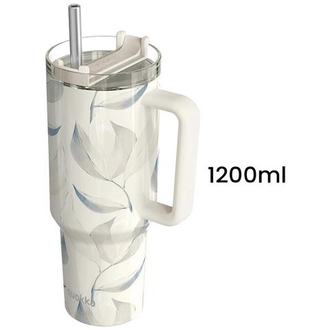 Bicchiere Termico 1200 Ml Con Cannuccia Con Decorazione Fogliame Cotone, Bianco - Foto 2