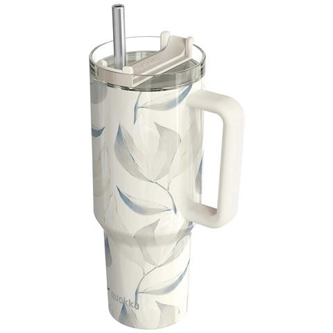 Bicchiere Termico 1200 Ml Con Cannuccia Con Decorazione Fogliame Cotone, Bianco - Foto 1