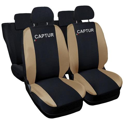 Coprisedili Auto Compatibili Per Captur, Made In Italy, Set Di Copri Sedili Anteriori E Posteriori Con Copri Poggiatesta Incluso, Tessuto Poliestere, Colore - Nero \beige - Foto 1