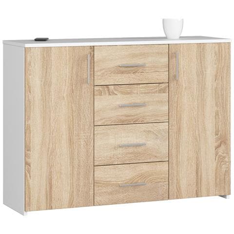Cassettiera K45, 2 ante e 4 cassetti, 110x35x80 cm, Colore Bianco e Sonoma Quercia - Foto 1