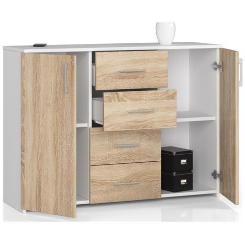 Cassettiera K45, 2 ante e 4 cassetti, 110x35x80 cm, Colore Bianco e Sonoma Quercia - Foto 2