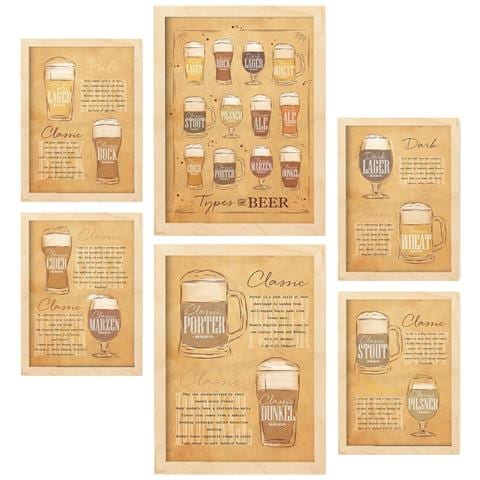 Set Di 6 Stampe Tipi Di Birra Illustrazioni A Colori Marroni Di Caffè E Bevande In Cartelloni Pubblicitari A3 & A4 Telaio In Legno Chiaro - Foto 1