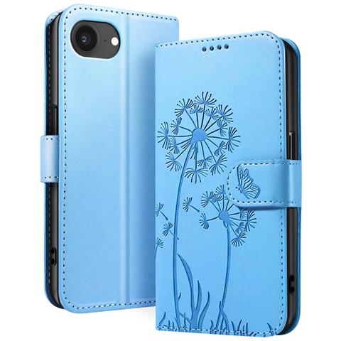 Custodia A Portafoglio Per Iphone 16e Premium Design Fiori Farfalla, Blu Chiaro - Foto 1