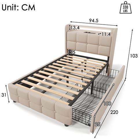 Letto Singolo Beige Con Porte Usb Integrate, Led E Due Cassetti Pratici - Foto 2
